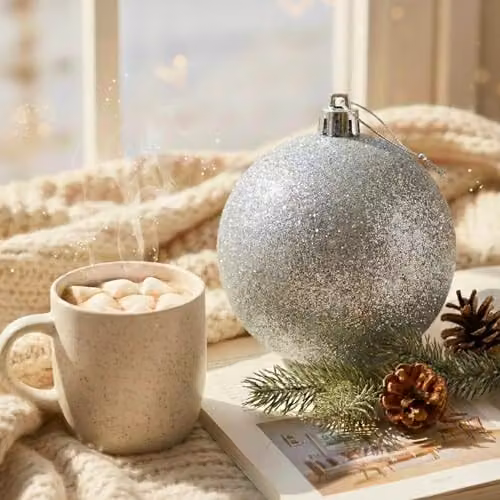 Shatchi Silver Glitter Christmas Bauble, 20 cm Round Hanging Ornament – 2