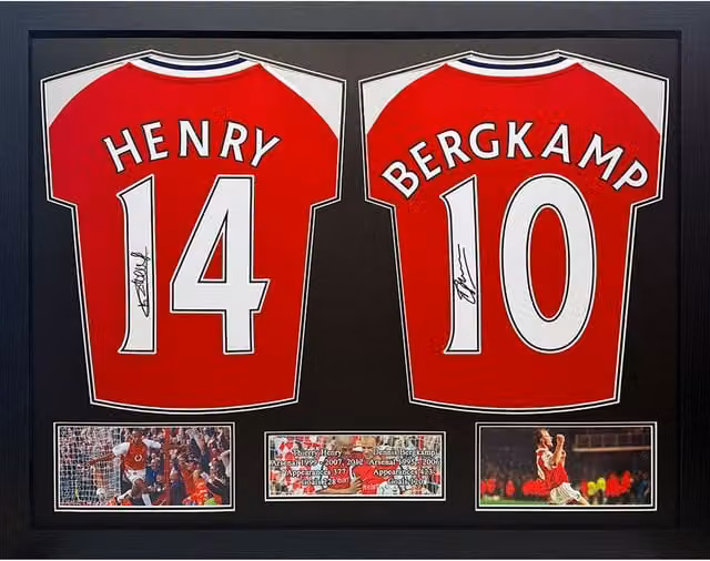 Allstarsignings Signed and Framed Thierry Henry and Dennis Bergkamp 2 Shirt Display, Red