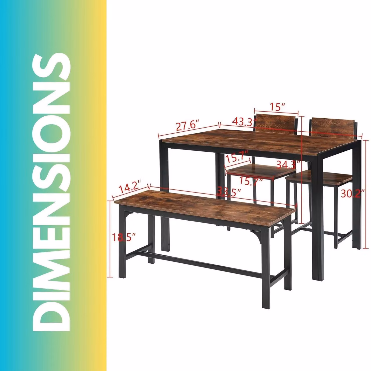 FURNOS Industrial Compact Dining Set with Rectangular Table, 1 Bench and 2 Chairs in Brown – 3