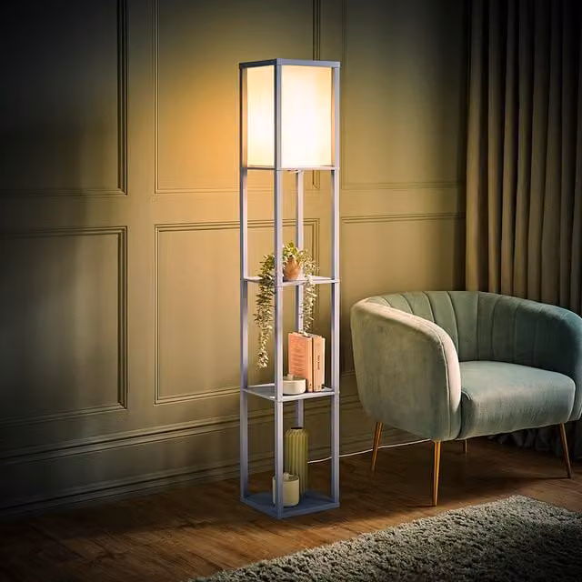 ValueLights Struttura Pastel Shelving Unit Floor Lamp with Fabric Shade and Bulb in Blue and Yellow