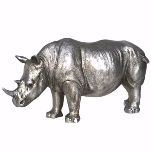 Animal Crackers Rhino Figurine in Silver Metal, Modern Tabletop Decor, Length: 26.5 cm