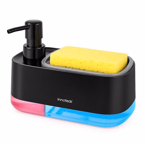 Innoteck Essentials 3-in-1 Hand and Dish Soap Dispenser with Sponge Holder, Black, 420ml and 380ml Capacity
