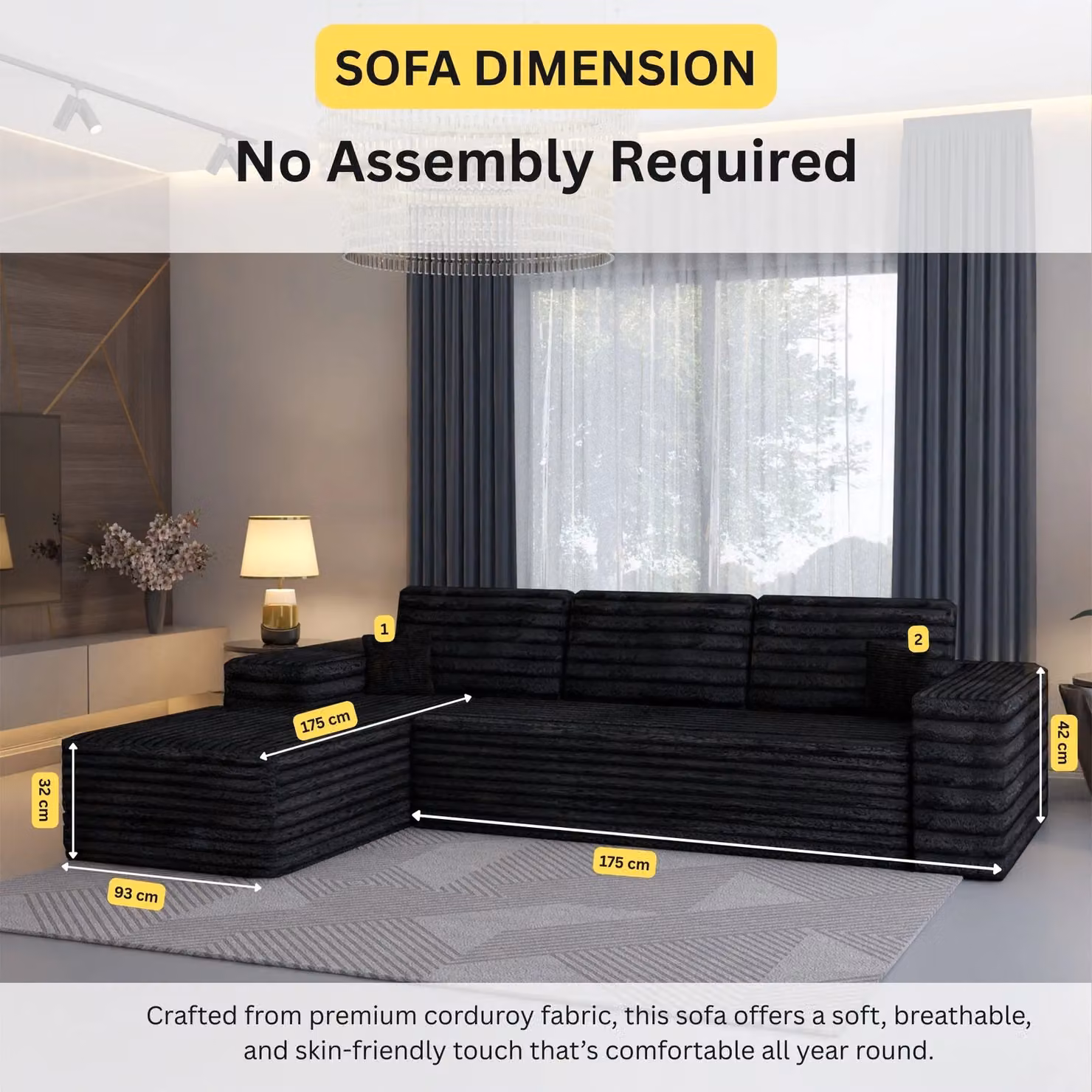 Sliding Wardrobes 4U Smart Left Corner Sofa in Black, Modern L-Shape Upholstered Fabric Design with Scatter Cushions Included – 2