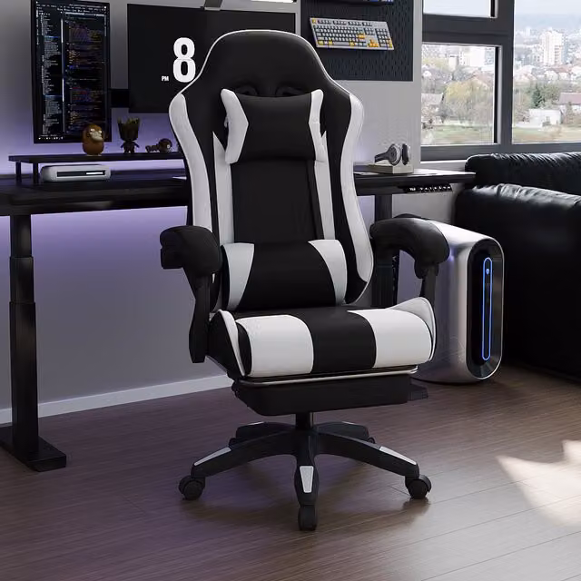 Livingandhome High Back Gaming Chair with Footrest and Headrest in White and Black Synthetic Leather