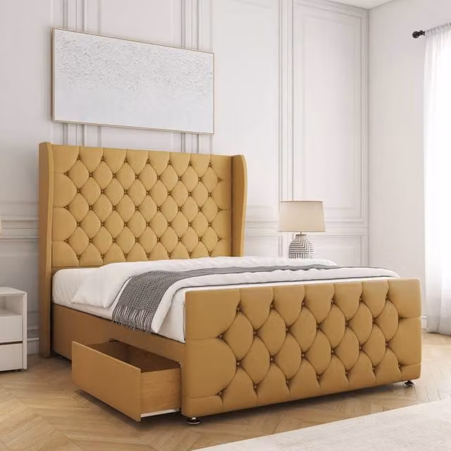BSSPOKE Anna Plush Velvet Super King Divan Bed with 54 inch Headboard and 2 Drawers in Mustard Yellow