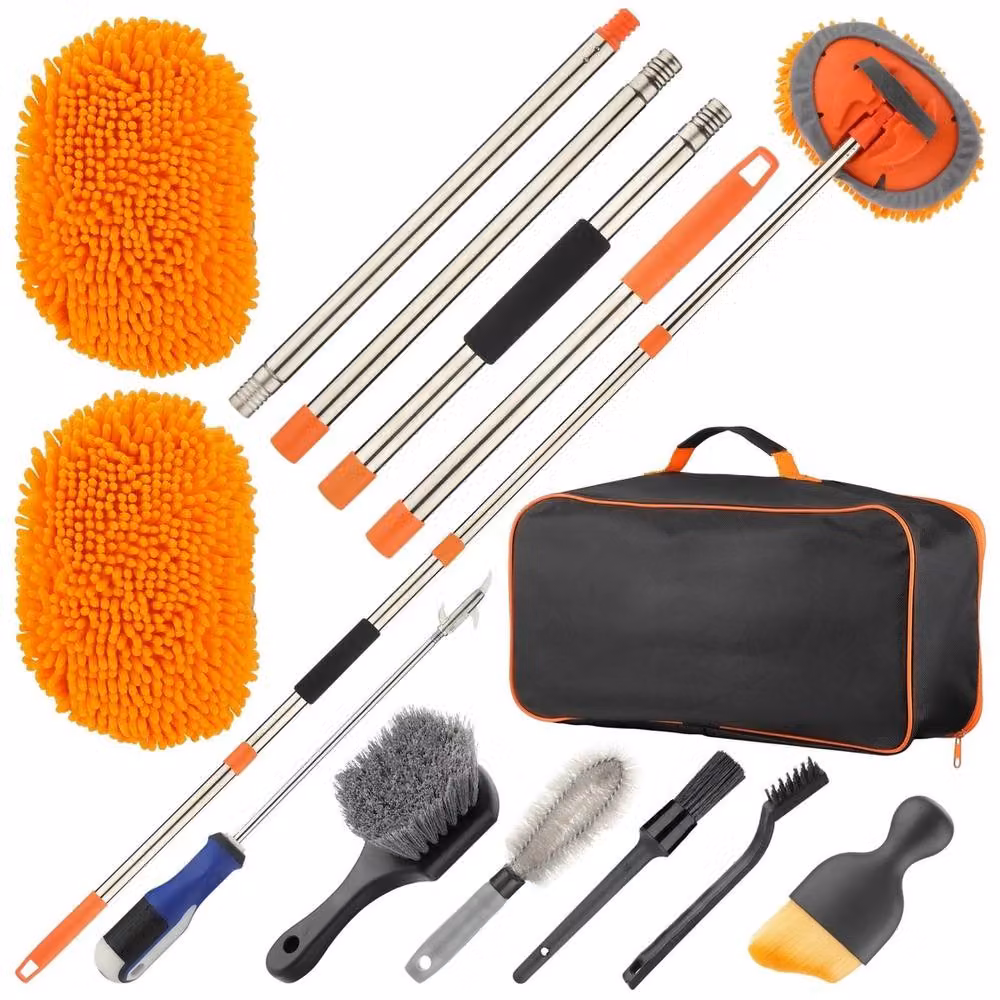 Nordara Car Cleaning Wash Kit with Long Telescopic Handle and Refillable Microfibre Mop Head, Orange and Multicolour – 2