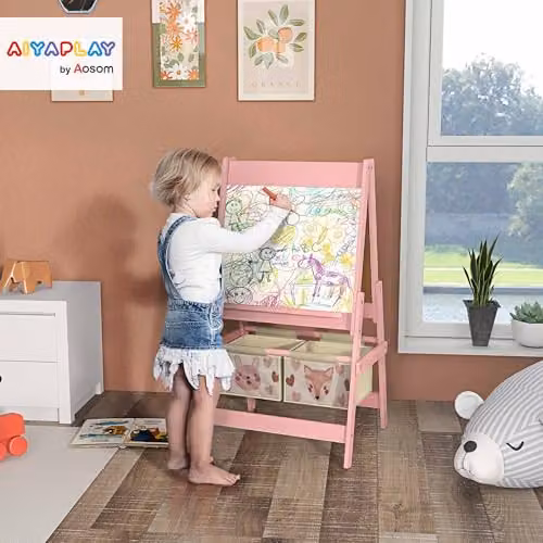 AIYAPLAY 3 in 1 Double-Sided Art Easel for Kids with Paper Roll, Pink – 2