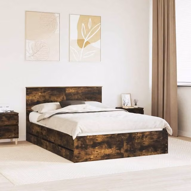 Berkfield Home Modern Bed Frame with Drawers in Smoked Oak Brown, Engineered Wood, W: 135 cm x L: 190 cm