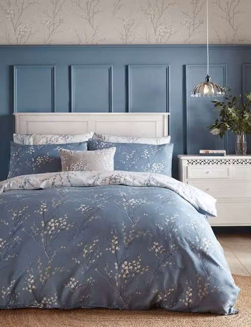 Laura Ashley Pure Cotton Mako Sateen Pussy Willow Floral Bedding Set, Blue Mix, W: 180 cm, L: 200 cm