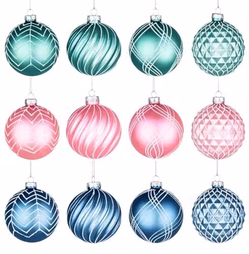 Shatchi 12-Piece Set of Glass Christmas Baubles in Green, Pink and Blue, 8 cm Diameter