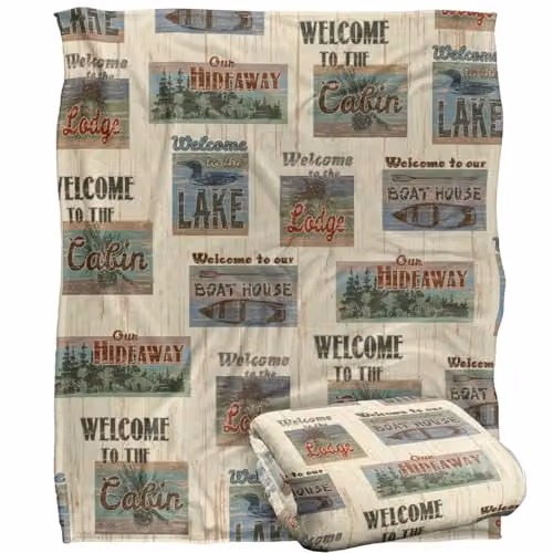 JQ Licensing Welcome To The Cabin Lake Signs Super Soft Microfibre Throw Blanket, White, W/D/H: 152 x 127 cm – 1