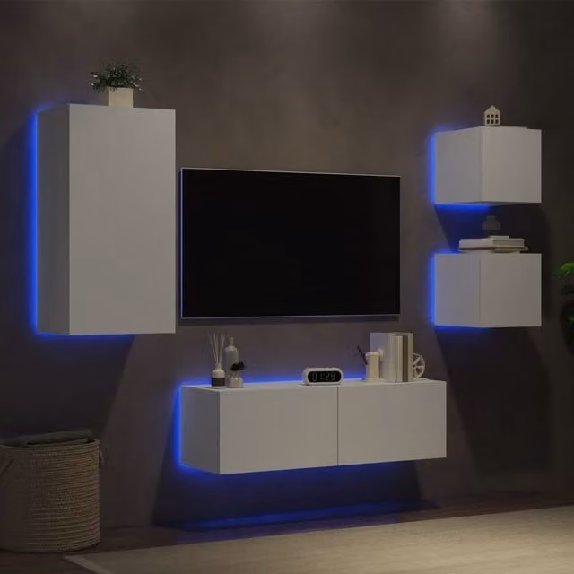 Berkfield Home 4 Piece Modern White Glossy Wall Mounted TV Cabinet Set with Integrated LED Lighting – 1