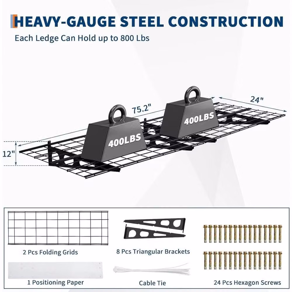 Kelvenix Set of 2 Black Metal Wall Mounted Garage and Garden Storage Shelves W/D/H: 183 x 61 x 30.48 cm – 2