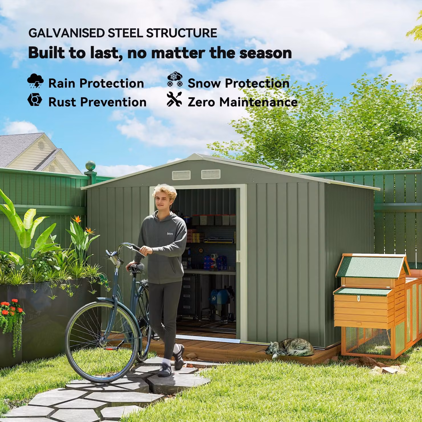 Outsunny Metal Garden Storage Shed with Double Doors and Side Vent, Green, W/D/H: 274.3 x 183.0 x 192.0 cm – 4