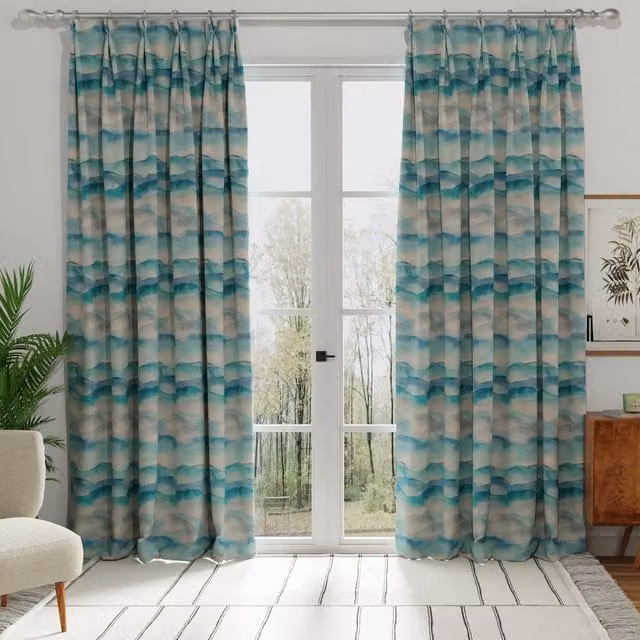 Terrys Made to Measure Cobalt Blue Landscape Digitally Printed Velvet Fabric Panel Curtain