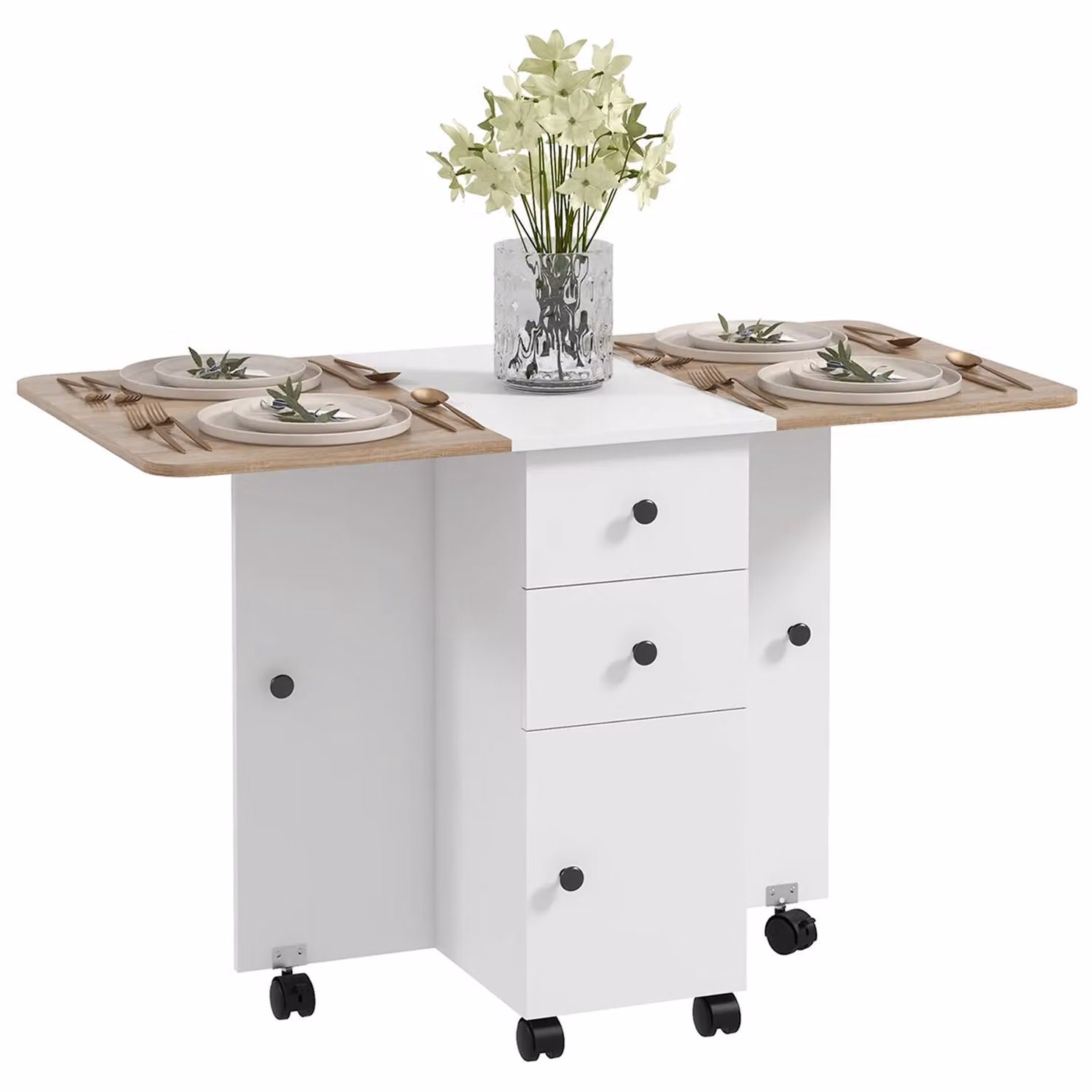 HOMCOM Modern Folding Drop Leaf Dining Table with Drawers in Light Oak and White – 2