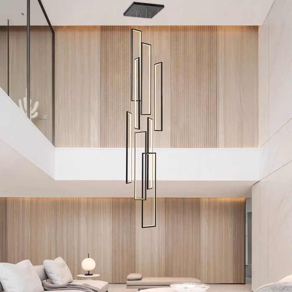 NIVOR Modern Rectangular LED Dimmable Pendant Chandelier in Black with 8 Lights and Height Adjustable 3m Suspension – 5