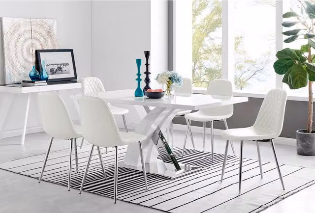 FurnitureboxUK Atlanta Modern High Gloss White Rectangular Dining Table and 6 Corona Silver Chairs Set