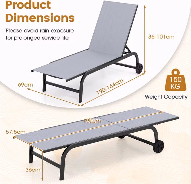 Costway Set of 2 Black Outdoor Reclining Chaise Lounge Chairs with Castors