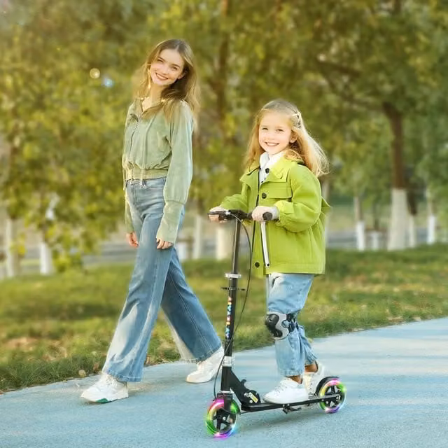 AIYAPLAY Foldable Scooter for Kids with Adjustable Handle and Light-up Wheels, Black