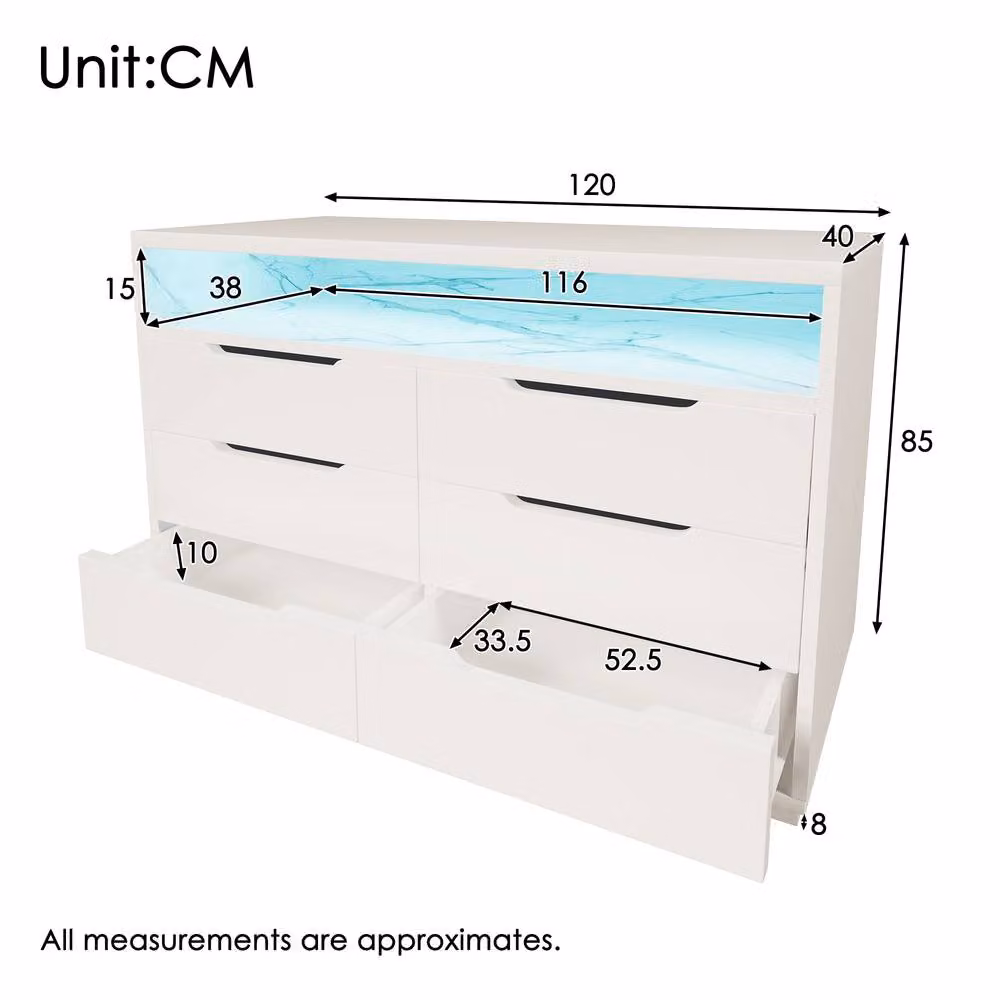 BTM White Marbled 6 Drawer Sideboard with Integrated RGB LED Lighting and Storage Shelves, W: 120 cm, D: 40 cm, H: 85 cm – 2