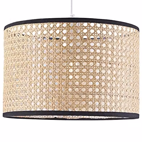 Happy Homewares Vintage Natural Wicker Rattan Drum Shaped Pendant Lamp Shade in Brown, Black and Beige, W/D/H: 20 x 20 x 30 cm – 1