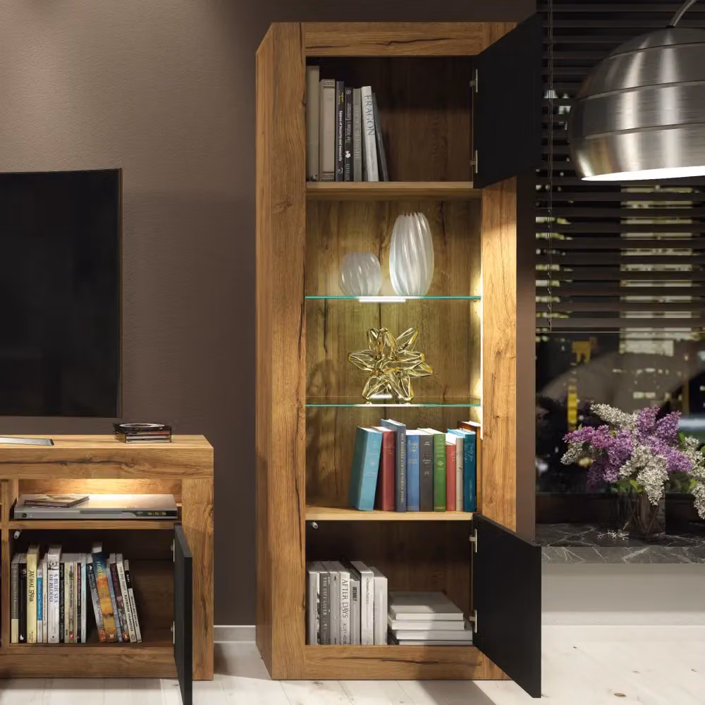 Mex Furniture LTD Modern Display Cabinet with Integrated LED Lighting and Matte Doors in Brown, H 170 x W 63 x D 35 cm – 3