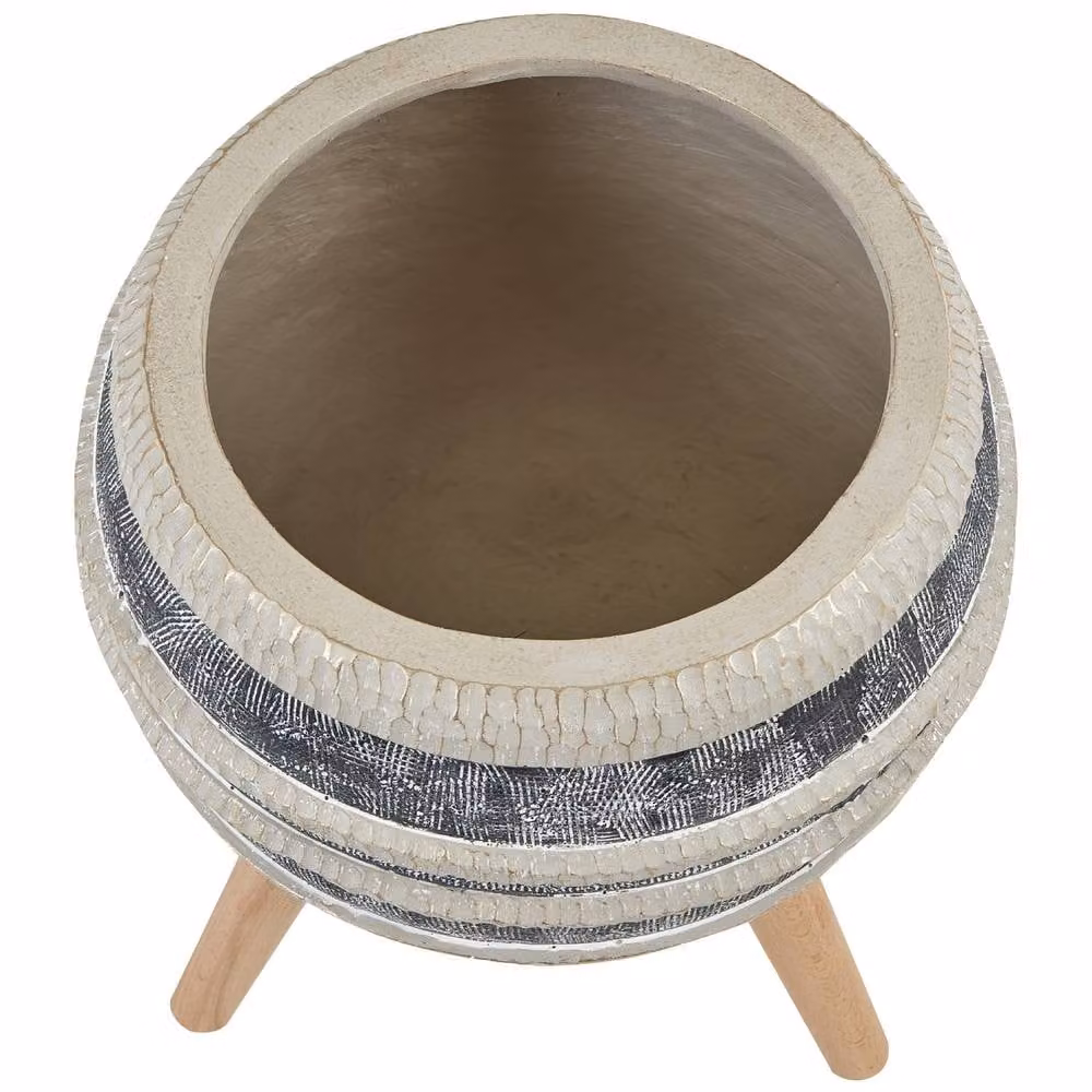 Wyld and Coco Round Beige and Grey Fibre Clay Planter with Beechwood Base, H 52.0 cm x W 38.0 cm x D 38.0 cm – 3