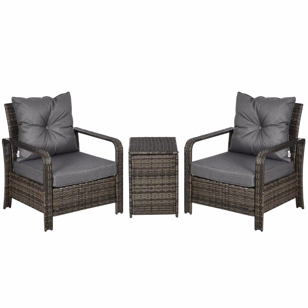 OUTSUNNY 3 Piece Grey PE Rattan Garden Sofa Set with 2 Chairs and Storage Table – 2