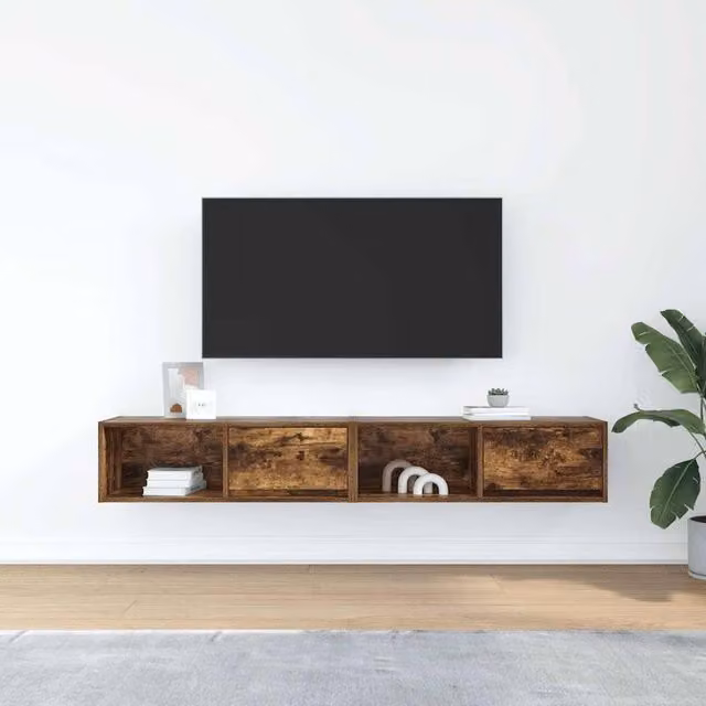 Berkfield Home Set of 2 Smoked Oak TV Cabinets in Brown, W/D/H: 80 x 31 x 25.5 cm