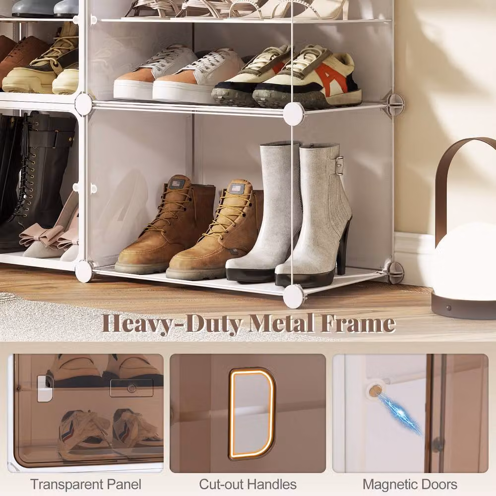 Gymax 8-Tier White Plastic and Metal Shoe Cabinet with Hinged Doors and Removable Shelves for 32 Pairs – 4