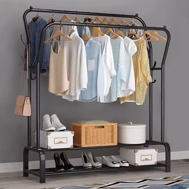 Livingandhome Modern Metal Double Rod Clothes Rail with Two-Tier Storage Shelves in Black