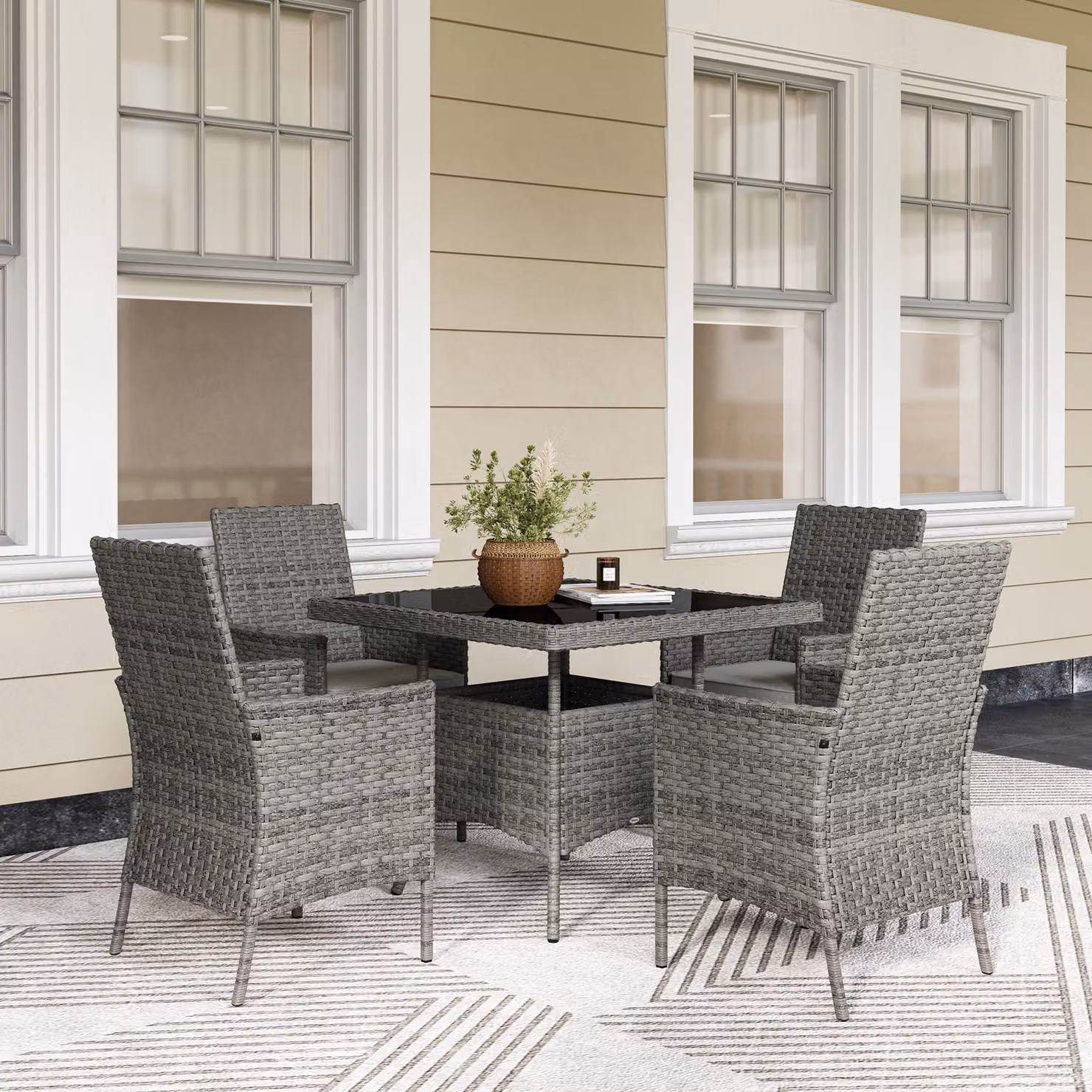 Outsunny Grey Rattan Garden Furniture Set with 4 Armchairs, Square Tempered Glass Top Dining Table and Cushions – 2