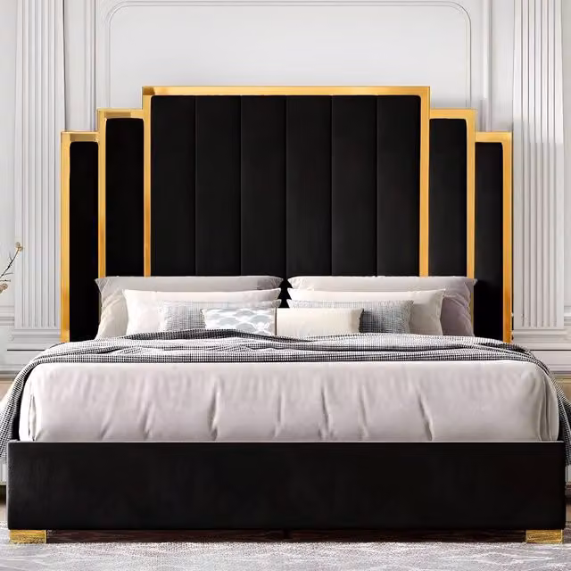 Paradise Beds Ltd Royal Touch Velvet Upholstered Double Bed Set in Black, W/D/H: 140 x 200 cm – 1