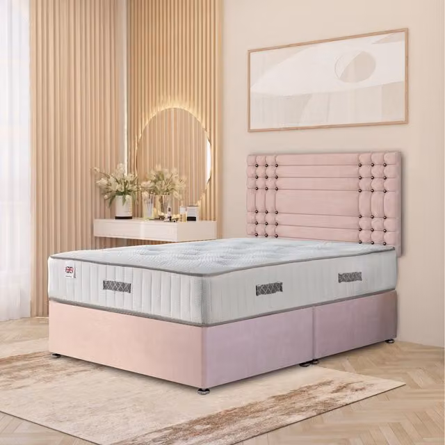 Somnior Beds Ltd Saville Plush Velvet Divan Bed Set with Headboard and Drawers, Pink, W/D/H: 200 x 200 cm