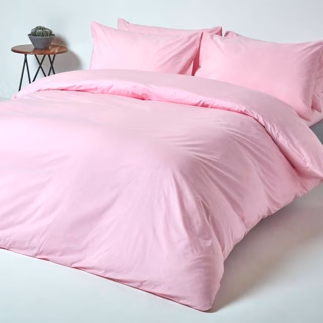 Homescapes Pink Combed Cotton Percale Duvet Cover and Pillowcase Set, W: 140 cm, H: 200 cm