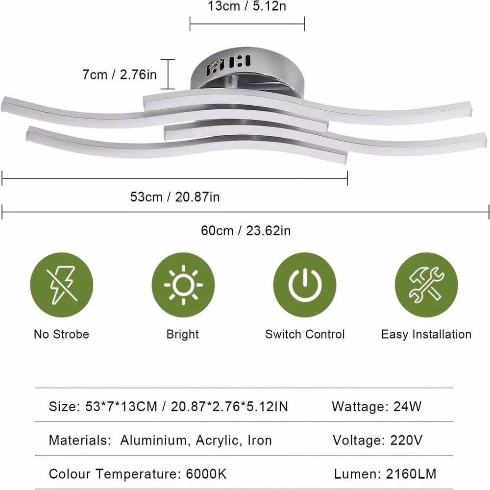 EONLION 24W Modern LED Ceiling Light, Silver 4 Wave Arc Chandelier with 6500K Cool White Light – 2