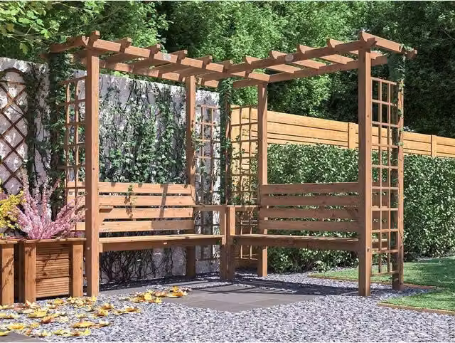 Dunster House Rustic Brown Wooden Corner Pergola Arch with Bench made from Spruce