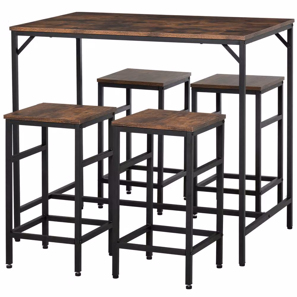 STILVORA Industrial Bar Table Set with 4 Stools in Brown MDF and Wood – 5