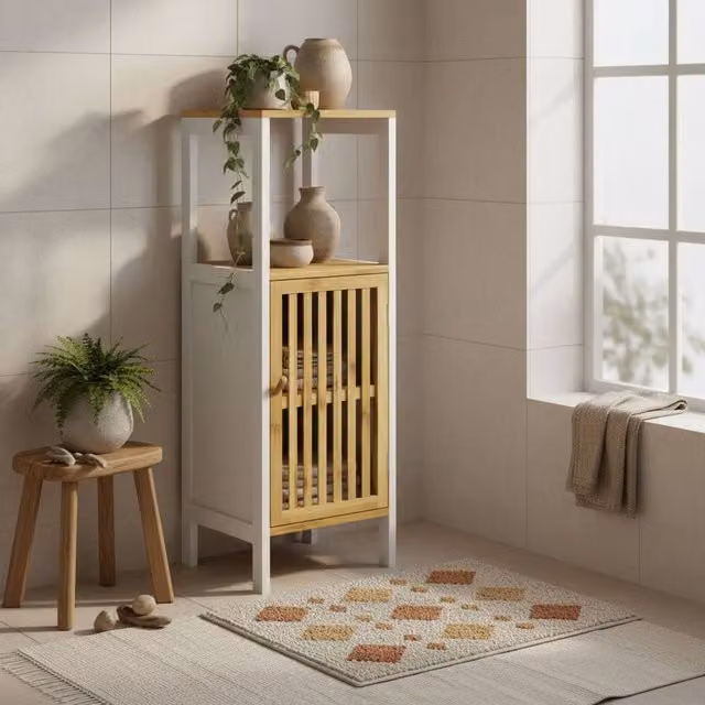 Wyld Haus Liba Retro Bamboo Style Bathroom Storage Cabinet, White and Natural, W/D/H: 30 x 32 x 90.5 cm – 1