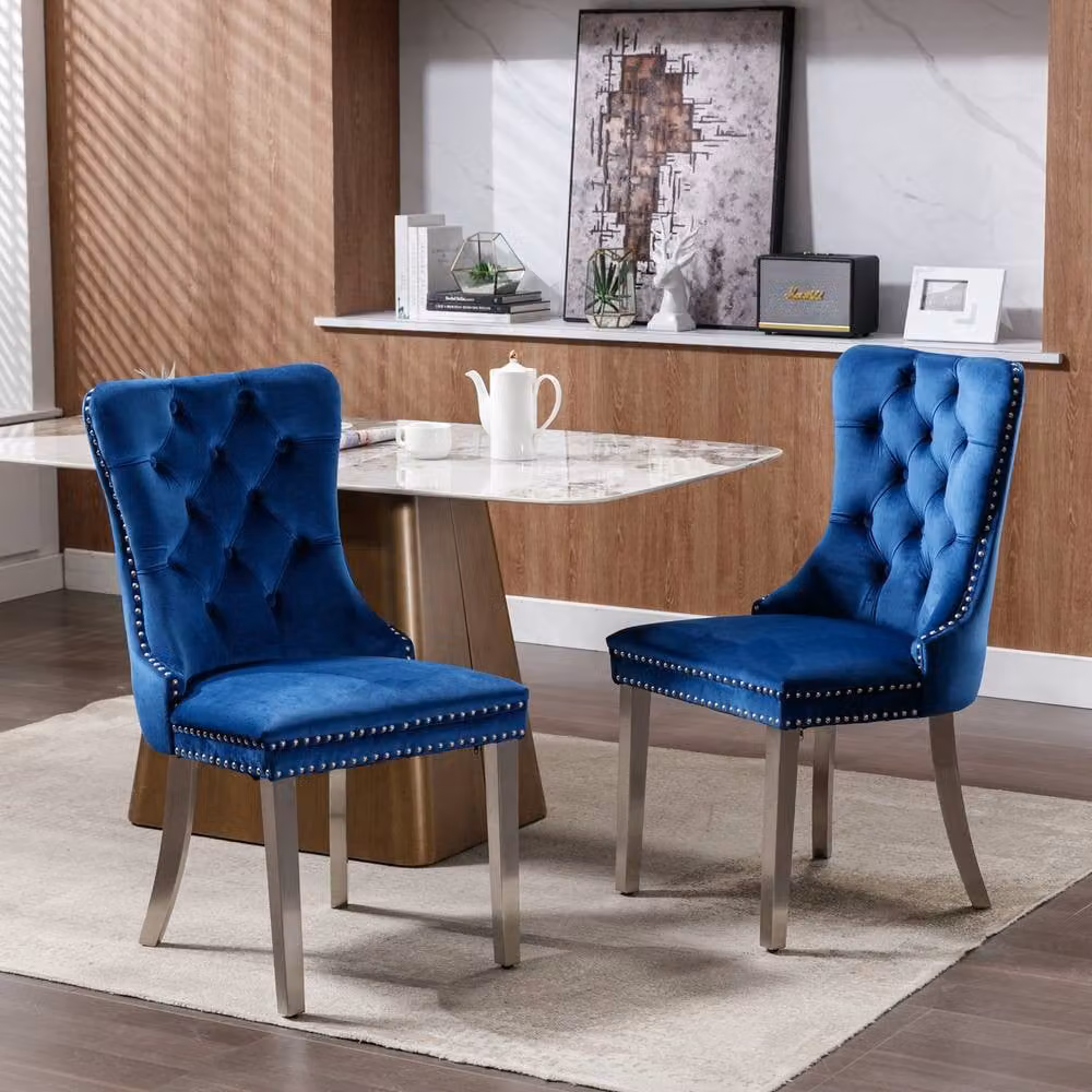 HomeTouch Winchester Set of 6 Blue Velvet Upholstered Kitchen Dining Chairs with Silver Chrome Legs – 4