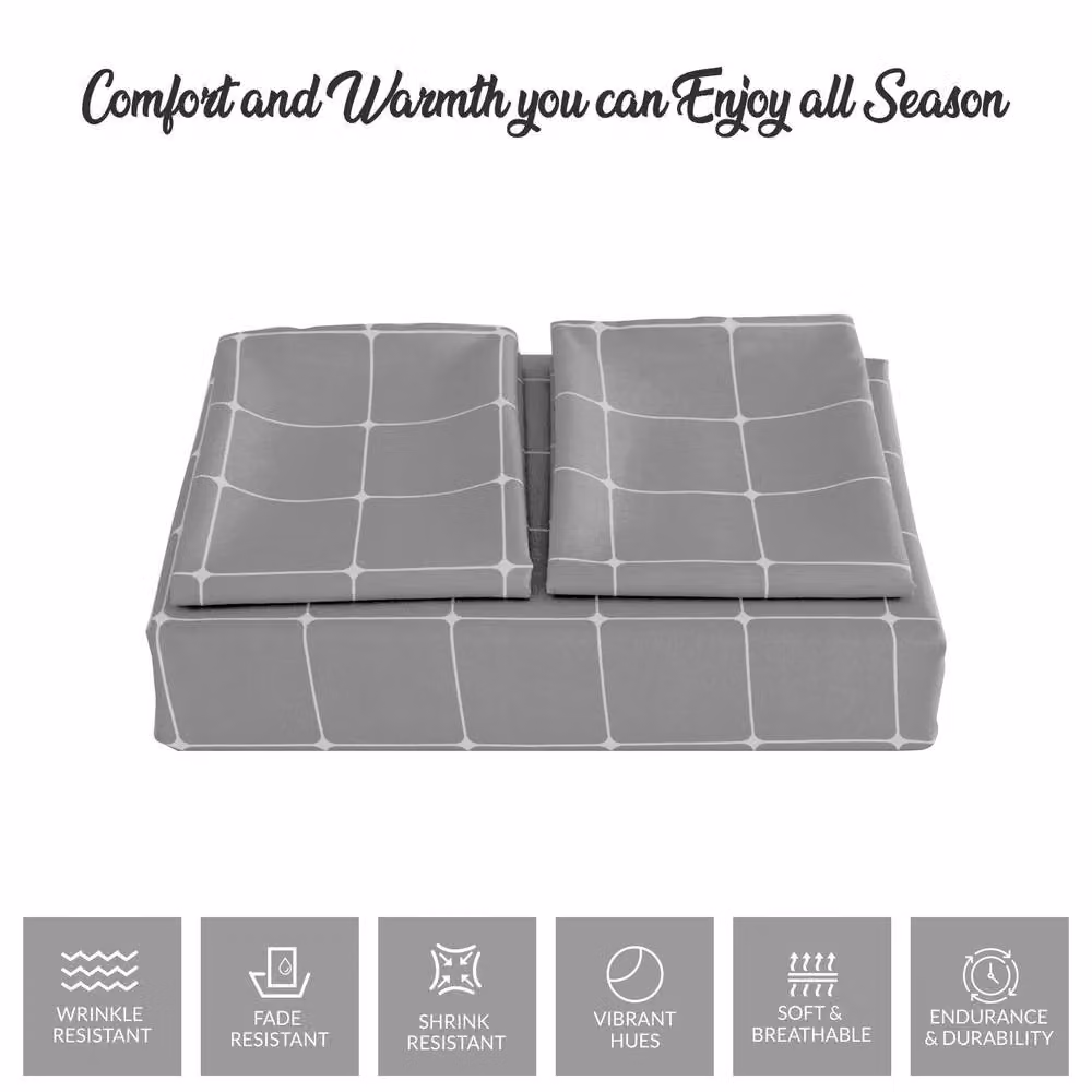 Lazzaro Home Super King Reversible Checked Microfibre Duvet Cover and Pillowcase Set in Grey – 5