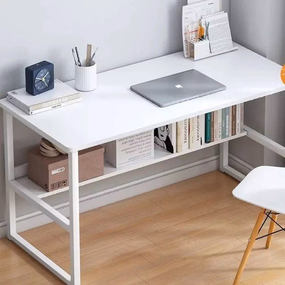 FLAVORA Minimalist Computer Desk with Shelving in White – 4
