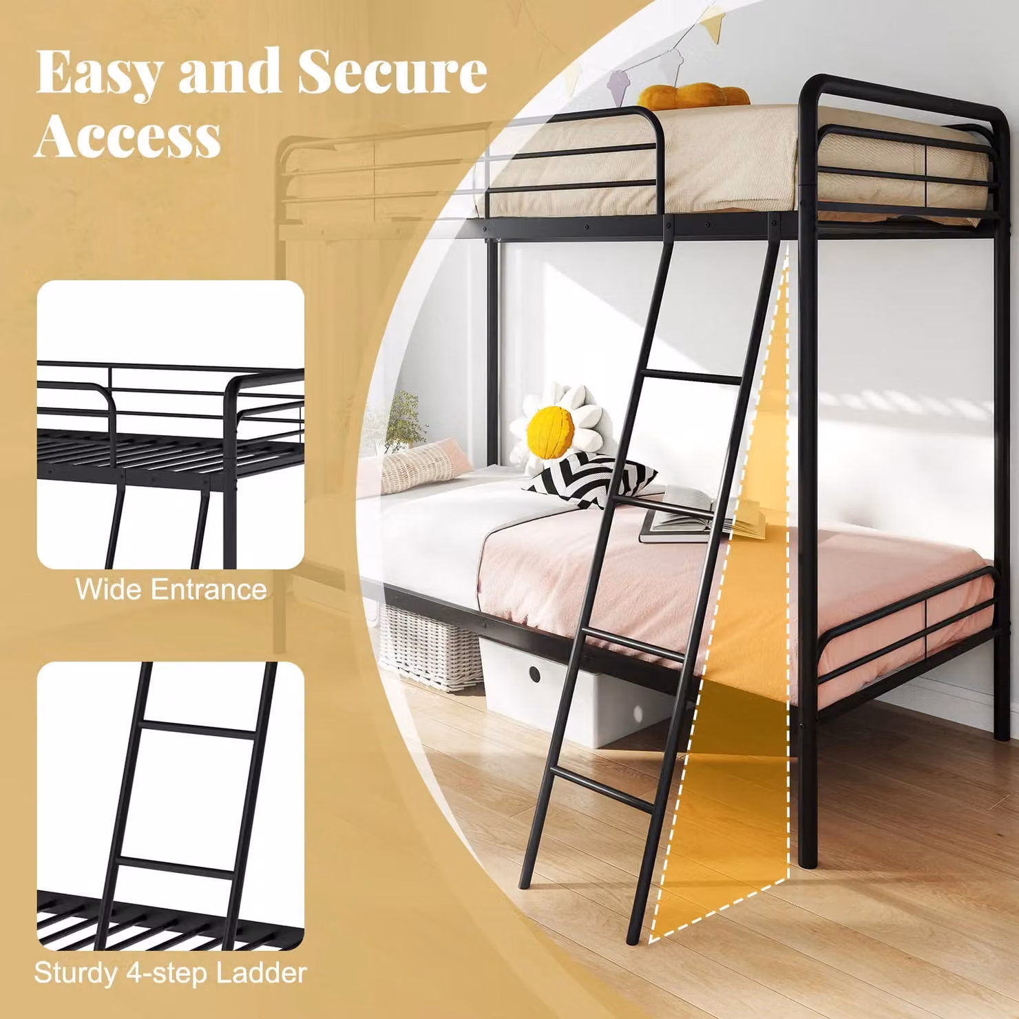 Gymax Heavy Duty Metal Single Over Single Bunk Bed with Ladder in Black – 4