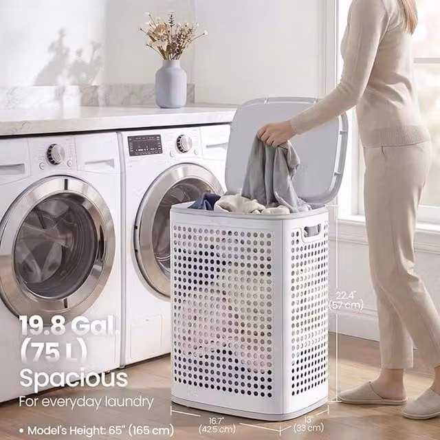 SONGMICS 75L Slim Plastic Laundry Hamper with Lid and Handles, White