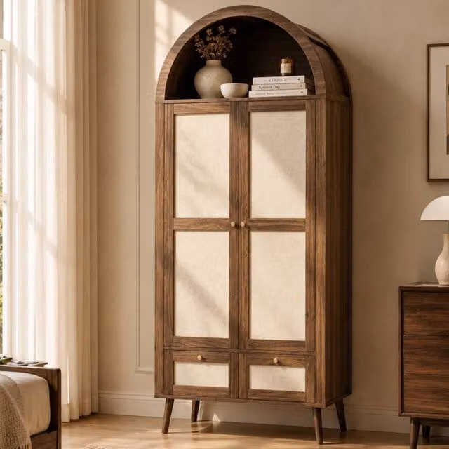 Matteo Arched Double Wardrobe in Walnut and Rattan-Effect with 2 Doors and 2 Drawers, H 180 cm x W 55 cm x D 55 cm