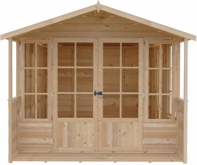 Shires Delmora 8x14 Shiplap Summerhouse with Veranda in Light Brown, W: 245.6 cm, D: 418.6 cm, H: 217.4 cm
