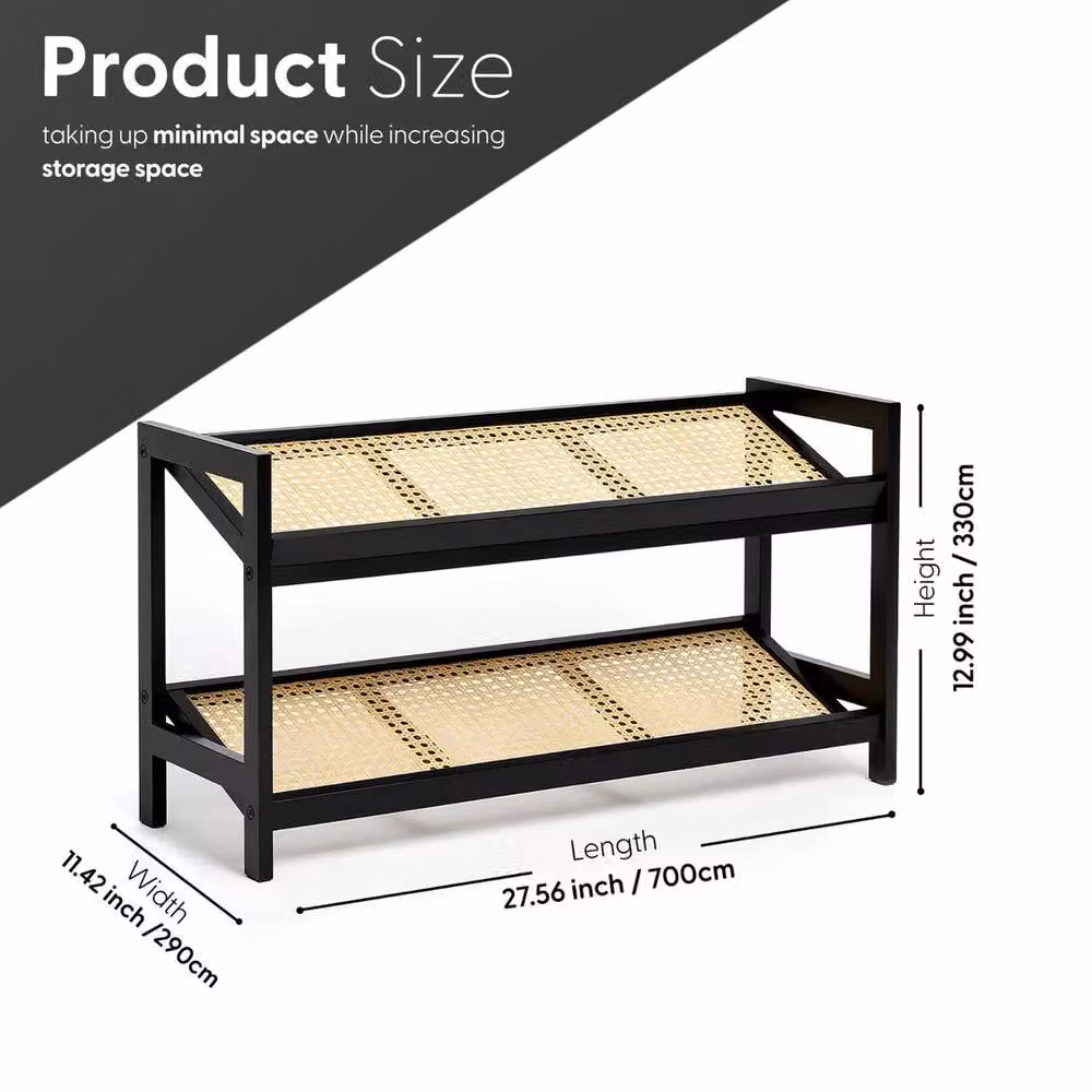 VOGREX 2 Tier Black Bamboo and Rattan Shoe Rack Organiser – 2