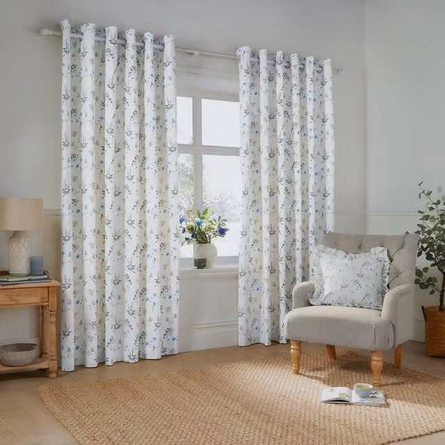 Make It A Home Meadow Floral Cotton Eyelet Curtain Pair in White and Blue