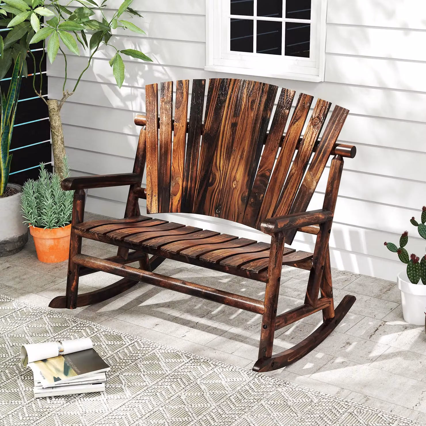 Costway 2-Person Adirondack Rocking Chair Loveseat in Brown Solid Wood for Garden, Balcony or Terrace – 3